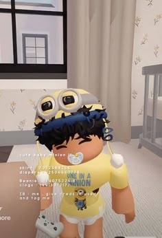 an animated image of a baby in a yellow shirt and white shorts with goggles on