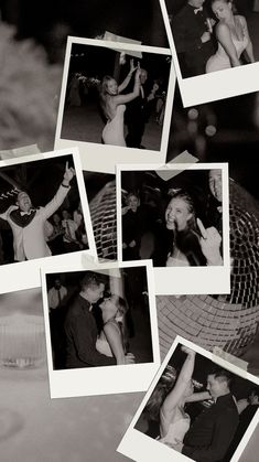 black and white photograph of people dancing at a party with polaroid pictures on them