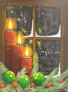 a painting of candles and fruit in front of a window with snow falling on the windowsill