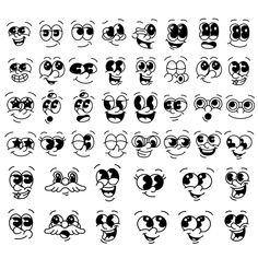 an assortment of cartoon faces with different expressions and facial expressions, all in black and white