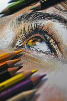 the eye is drawn with colored pencils