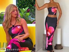 the real housewives star is wearing this floral print tube top and matching skirt for her show