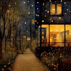 a painting of a night scene with lights on the windows