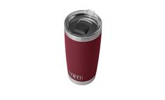 a red yeti tumbler is shown with the lid open