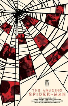 the amazing spider - man movie poster with multiple images in red, white and black