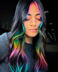 Rainbow Hair, Mermaid Hair, Pulpriot hair, Prism hair, Color block, Money piece Rainbow Hair Color Ideas For Brunettes, Vivid Hair Color Balayage, Rainbow Hair Styles, Multicolor Money Piece Hair, Partial Vivid Hair, Fashion Color Ideas Hair, Cool Vivid Hair Color, Fun Spring Hair Color Ideas, Black And Vivid Hair Color