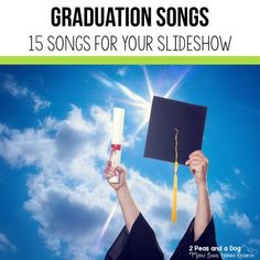 a person holding up a graduation cap and diploma in front of a blue sky with clouds