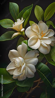 two white flowers with green leaves on a black background