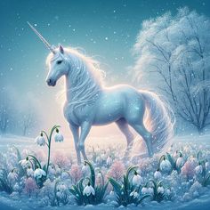 a painting of a unicorn in the snow with flowers and trees around it's edges