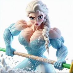 a cartoon character holding a baseball bat in her right hand and looking at the camera