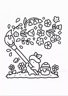 a black and white drawing of a flower pot with flowers coming out of it on the ground