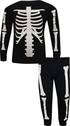 Just for the fun of it!! These pajamas for children feature the bones of a skeleton on a black background. These cotton blend jammies have black ribbed cuffs at the wrist and ankles. They also have a wide elastic waist. Machine washable and easy care. Girls Loungewear, Toddler Pajamas, A Skeleton, Kids Pajamas, In The Dark, Black Background, Glow In The Dark, Black Backgrounds, Pajama Set