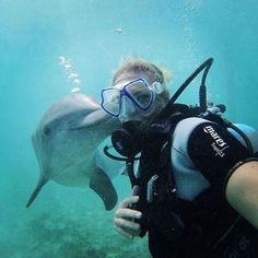 a woman in scuba gear is taking a photo with a dolphin