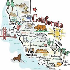 an illustrated map of the state of california with all its major cities and towns in it