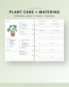 the plant care and watering manual is open to show information about plants in their pots