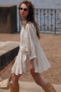 Hampton Mini Dress | Free People White Maxi Dress Boho, Float Dress, Boho Dress Short, Long Sleeve Boho Dress, White Boho Dress, Free People Mini Dress, Boho Mini Dress, Hamptons Style, Adjustable Belt