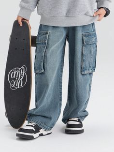 2-24Y Boys Cargo Jeans Autumn Casual Pants Children Long Trousers With Big Pockets Medium Wash    Denim Letter,Plain Straight Leg Non-Stretch  Young Boys Clothing, size features are:Bust: ,Length: ,Sleeve Length: Boy Sweatpants, Fall Jeans, Boys Denim, Jeans Cargo, Long Trousers, Casual Athletic, Boy Clothes, Cargo Jeans