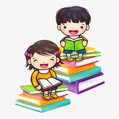 two children are sitting on top of books and one is holding a book in her hand