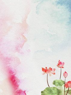 watercolor painting of pink flowers and green leaves with blue sky in the back ground