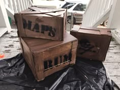 Pirate cardboard wood crates Pirate Crates Diy, Pirate Boxes Diy, Diy Crates, Dnd Halloween, Trunker Treat Ideas, Carnival Decor, Pirate Box