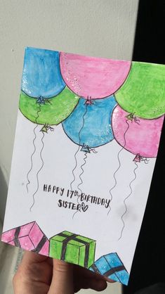 a hand holding up a birthday card with balloons