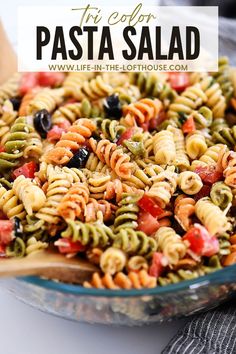 pasta salad in a glass bowl with the title overlay reads, try color pasta salad