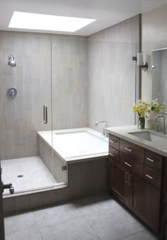 a bathroom with a sink, shower and bathtub in it's own area