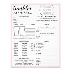 a pink and white order form with the words tumbleler written in black on it