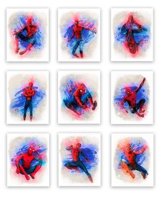 six spider - man paintings are shown in different colors