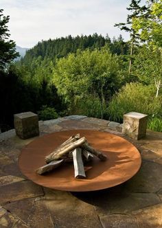 a plate with logs on top of it sitting on a stone bench in front of some trees