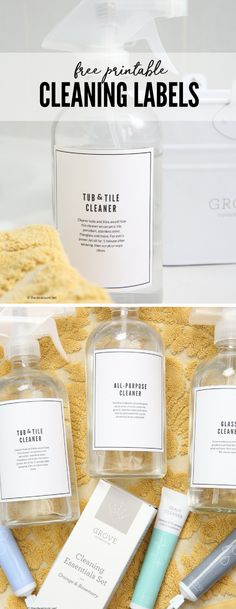 three bottles of cleaning products on a towel with text overlay that reads free printable cleaning labels