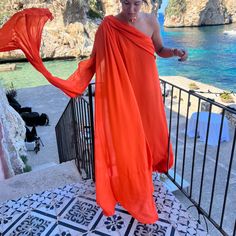 Size 6- Very Flowy 100% Silk Can Be Worn Different Ways There Are Some Snags As You Can See On The Bottom Of The Dress Worn Once And Has Been Dry Cleaned Silk Gown, Dress First, Wearing Dress, Color Orange, The Dress, One Shoulder, Size 6, Silk, Womens Dresses