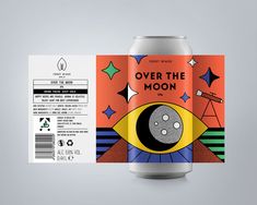 a can of over the moon beer on a grey background with an orange and blue label