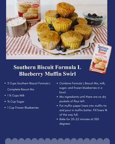 blueberry muffins are stacked on top of each other with the recipe below