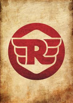 a red and white logo with the letter r in it's center on an old paper background