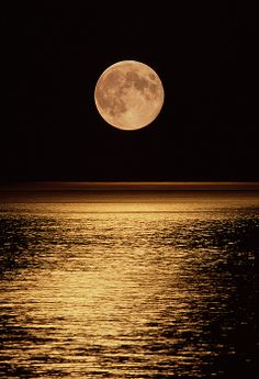 the full moon shines brightly over the water