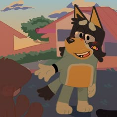 an animated dog is standing in front of a house