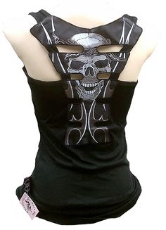 Tank Top - Tattoo Rockabilly Punk Rock Baby Rip Skull Tank Top Shirt - Tops Edgy Skull Print Sleeveless Tank Top, Fitted Sleeveless Top With Skull Print, Gothic Sleeveless Top With Skull Print, Rocker Fitted Tops For Halloween, Fitted Black Emo Style Tank Top, Fitted Black Emo Tank Top, Rocker Style Fitted Tops For Halloween, Edgy Tank Top For Halloween, Fitted Rocker Tops For Halloween