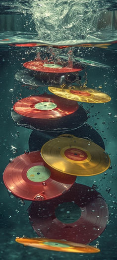 several different colored records floating in the water with their reflection on the surface, as if they were underwater