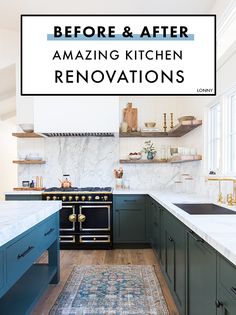 a kitchen with green cabinets and an area rug in front of the stove top oven