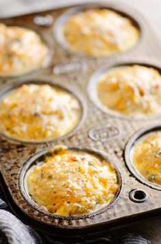 a muffin tin filled with lots of different types of food in it and the words buttery lemon tuna rice muffins