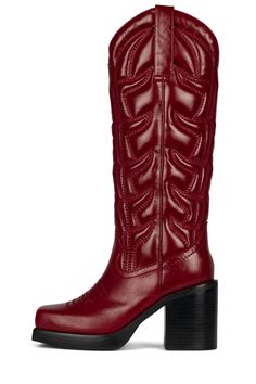 HOKEYPOKEY Jeffrey Campbell Red 6 Jeffery Campbell Boots, Alt Shoes, Red Cowgirl Boots, Boot Fits, Square Toe Cowboy Boots, Red Cowboy Boots, Red Platform, Denim Boots, Chunky Shoes