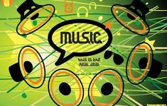 an advertisement for music with speakers and speech bubbles in the middle, on a green background