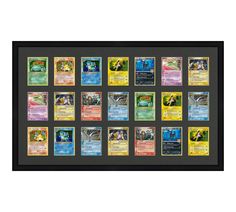 the pokemon trading card collection is displayed in a black frame