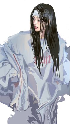 a drawing of a woman with long black hair wearing a white shirt and hoodie