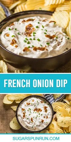 french onion dip in a bowl surrounded by chips