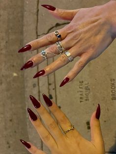 Dark Red Nails Pointy, Red Hoco Aesthetic, Dark Red Stilleto Nails, Pointy Red Acrylic Nails, Cherry Red And Black Nails, Deep Wine Red Nails, Blood Red Stiletto Nails, Red Vampy Nails, Cherry Red Stiletto Nails