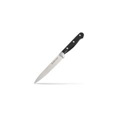 a large knife with a black handle on a white background