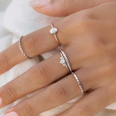 This everyday silver ring is accentuated with a unique beaded design. A simple stacking ring? Not quite!
 Size: 5, 6, 7, 8, 9 Simple Silver Rings With Stones, Silver Ring Set Simple, Silver Jewelry Diamond, Fancy Silver Jewelry, Ring Combos Silver, Delicate Silver Jewelry, Prom Silver Jewelry, Silver Stack Jewelry, Stacked Rings Silver