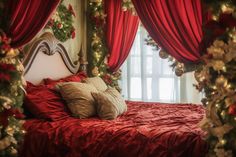 a bedroom decorated for christmas with red bedding and garlands on the windowsill